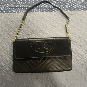 Tory Burch Black Quilted Leather Bag with Gold Chain